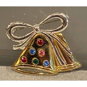 Vintage gold and silvertone Christmas bell with multi colored rhinestone pin